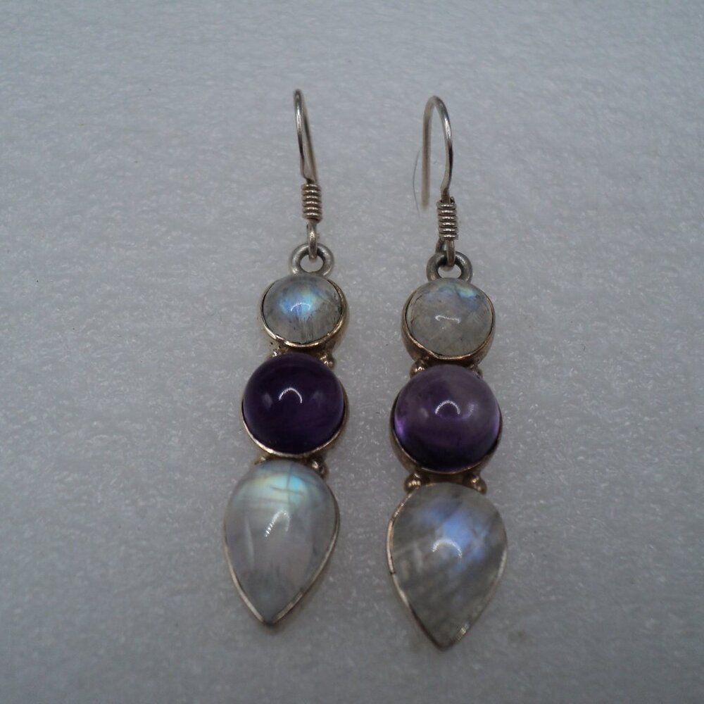 Sterling Drop Earrings with Moonstone and Amethyst - White & Purple